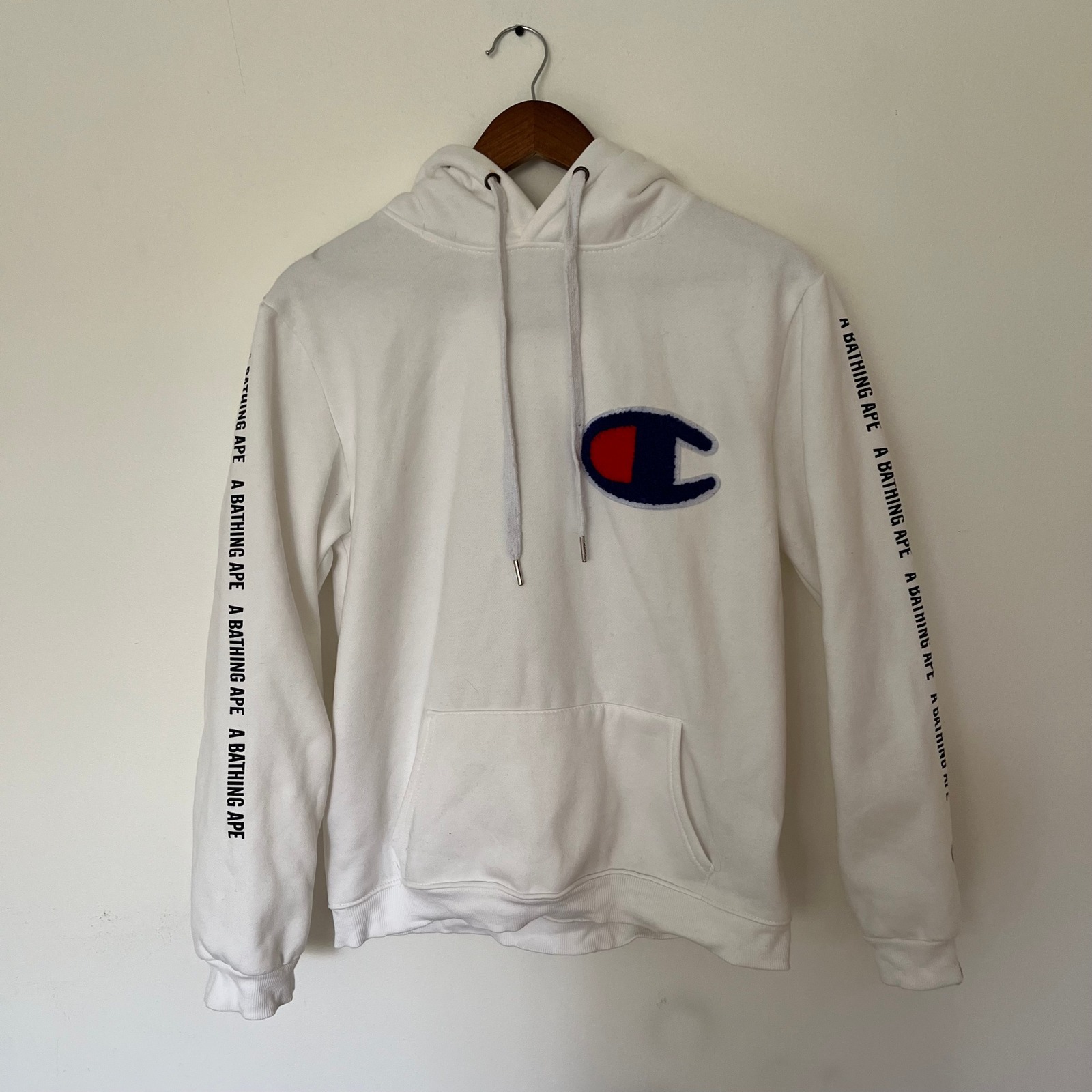 A Bathing Ape X Champion White Pullover Hoodie Big C Logo Graphic Mens